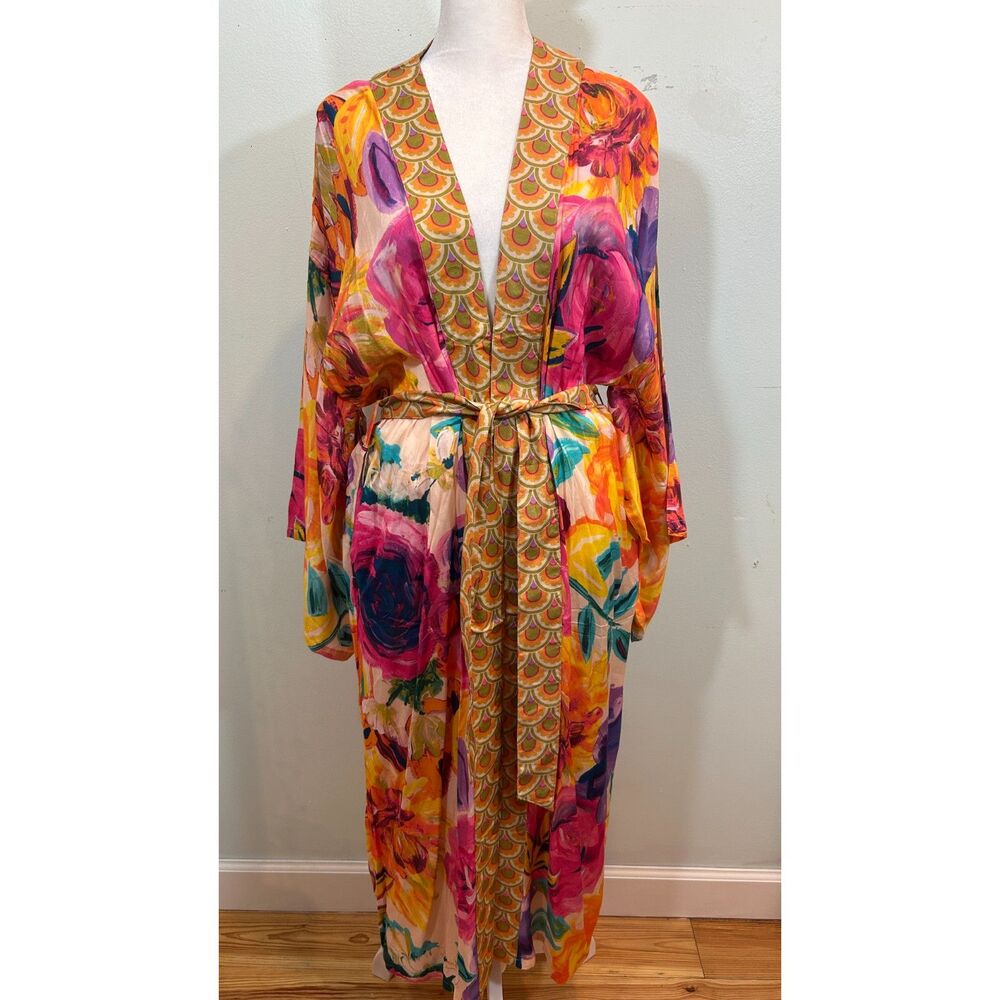 Powder Floral Bright Graphic Kimono Robe Soft Viscose/Pockets Belt OS